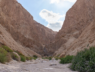 Dry  river bed passing through the stone desert near the Khatsatson stream, on the Israeli side of...