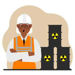 A old female specialist next to black barrels with an image warning about the toxicity of waste. Radiation.
