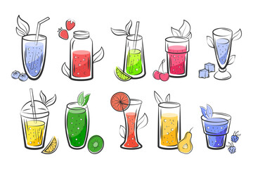 Detox juice sketch. Fresh cocktail drinks with vegan ingredients. Healthy menu of cold beverages and vitamin recipes. Fruit and berry lemonade. Soda glasses set. Vector design background