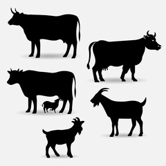Collection of silhouette cow and goat vector illustration.