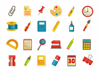 Stationery tool. Office accessory icons. Isolated pen and pencil. Paint brush and palette. Colorful markers. Paper knife. Clock and calendar. Notebook page. Vector school supplies set