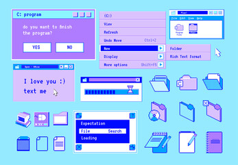 Retro computer windows. Popup 90s interface online messages. Folder and note icons. PC screen of website frames. OS menu option. Software UI dialog frame. Vector flat design stickers set