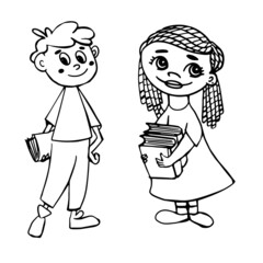 Coloring book, happy children set. Children are reading. Cartoon kids learning - girl and boy - coloring page - illustration for children. Coloring for children and adults.