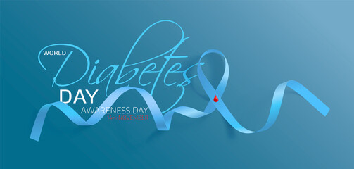 World Diabetes Day. Poster with ribbon with a drop of blood symbol of Diabetes day