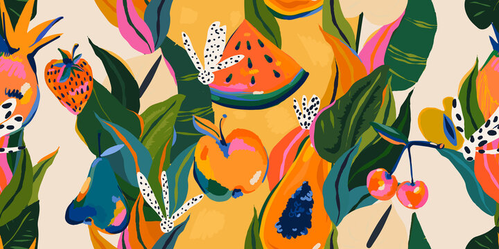 Hand drawn abstract cute fruits and flowers pattern. Collage playful contemporary print. Fashionable template for design.