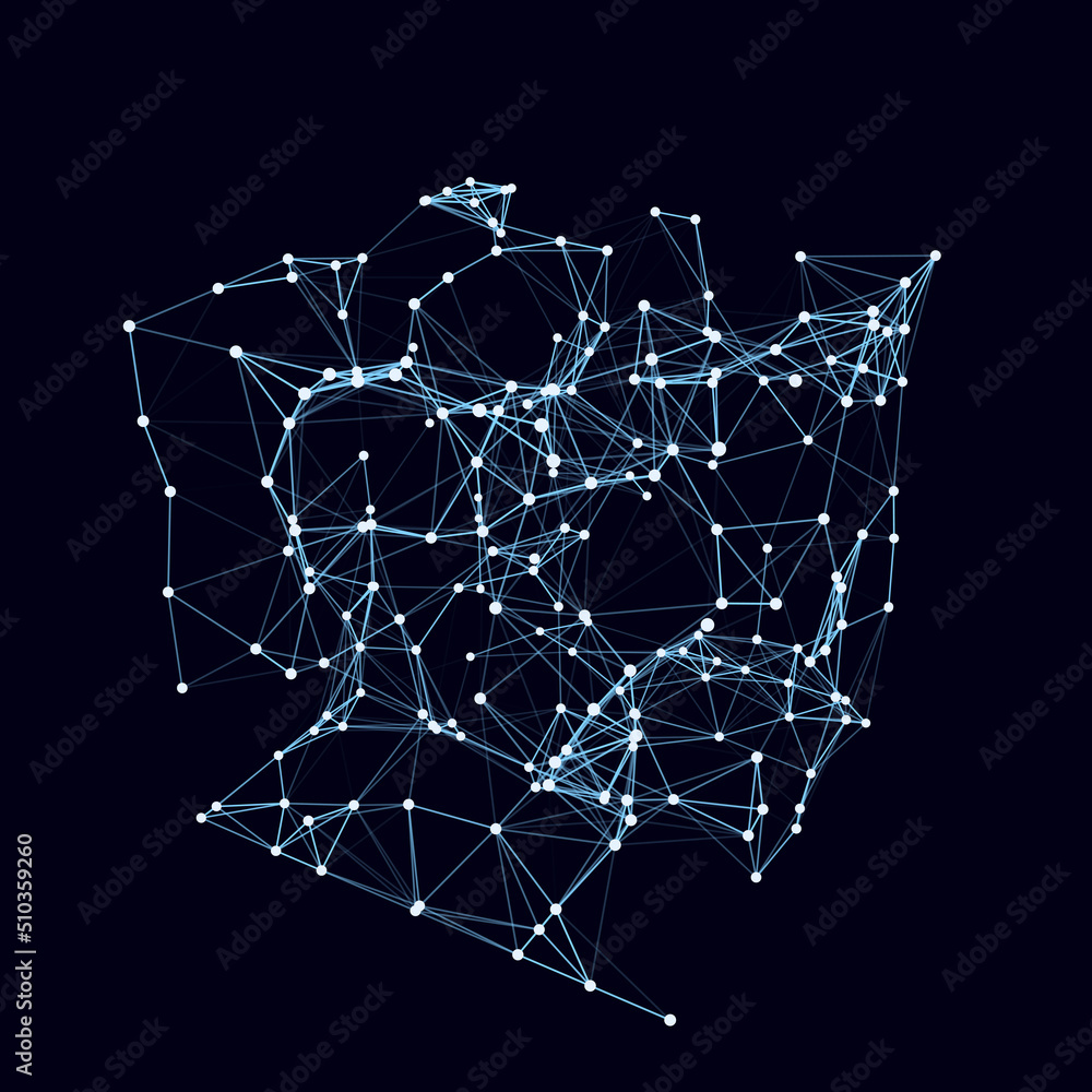Poster abstract wireframe cube whith connection dots and lines. digital blockchain concept and data transfe