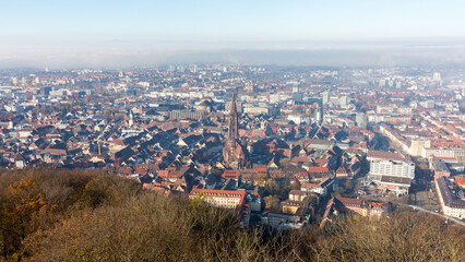 High angle view on the city of Freiburg. With Freiburger Münster (Freiburg Minster) in the middle.