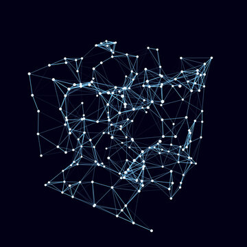Abstract wireframe cube whith connection dots and lines. Digital blockchain concept and data transfer system. Storage cells of datas. Vector illustration.