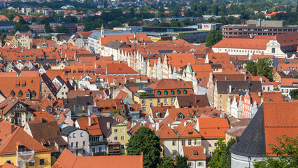 Fototapeta na wymiar High angle view of the city of Landshut - the road with the colorful, historical buildings is called Neustadt.