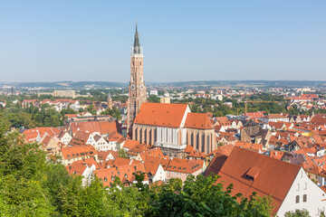 High angle view of the basilica St. Martin, Landshut. The spire is the tallest brick tower of a...