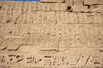Different hieroglyphs on the walls and columns in the Karnak temple. Karnak temple is the largest...