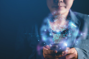 Business presenting futuristic business world metaverse graphics. In the form of innovative digital business processing technology innovation of the 21st century.
