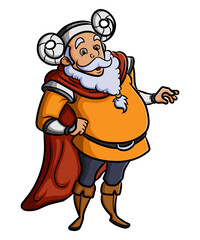 The old man viking with beard on his head is standing and happy