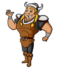 The young viking man is greeting and waving hand