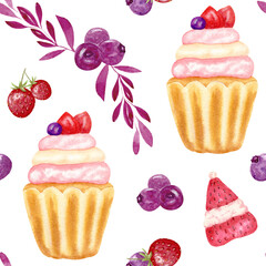 Watercolor seamless pattern with muffins. Watercolor hand painting with fruit cupcakes. Hand drawing watercolor illustration. Desserts. Sweet background perfect for fabric textile or menu wallpaper