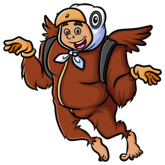 The man with eagle bird costume is flying while bring a bag
