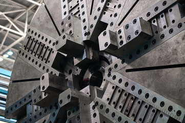 Base plate of huge lathe machine tool in plant workshop