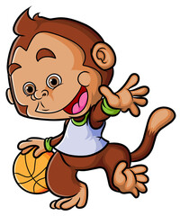 The little monkey is playing basketball while dribbling a ball