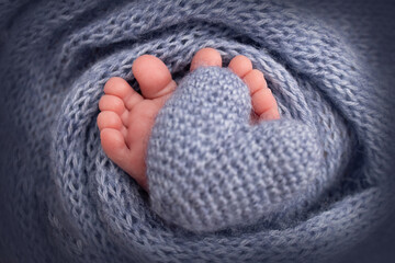 Knitted dark blue heart in the legs of a baby. Soft feet of a new born in a dark blue wool blanket....