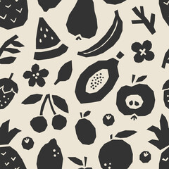 Abstract seamless pattern with fruits collage, cut paper