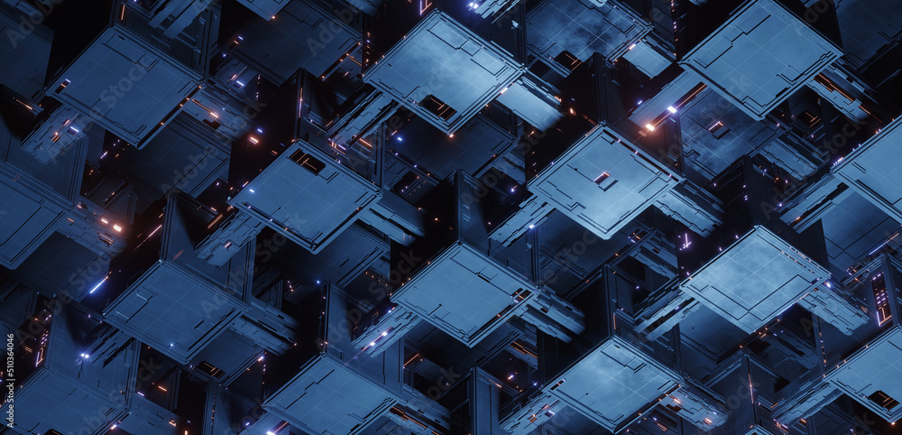 Poster 3d rendering of abstract blocky shape with glowing led lights. concept for digital data, block chain