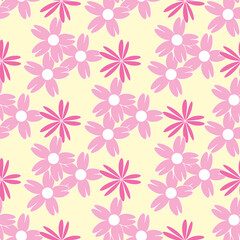 Vector yellow background white pink cherry tree flowers and cherry blossom sakura flowers. Seamless pattern background