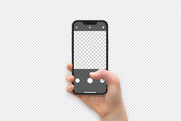 Woman hand holding and touching smartphone screen with thumb, shoot Selfie, vector illustration - 510364249