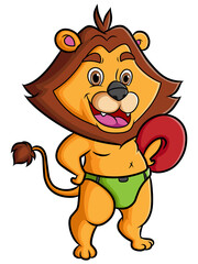 Obraz premium The lion swimmer is standing and holding the swimming tire