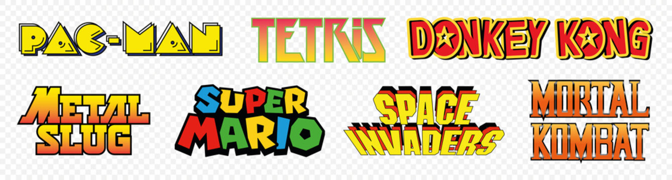 Top Arcade Games Logo, Pac Man, Tetris, Donkey Kong, Metal Slug, Super Mario, Space Invaders, Mortal Kombat, Vector editorial illustration