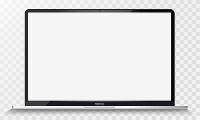 Realistic Silver Notebook with Transparent Screen Isolated. 12 inch Laptop. Open Display. Can Use for Project, Presentation. Blank Device Mock Up. Separate Groups and Layers. Easily Editable Vector. - obrazy, fototapety, plakaty