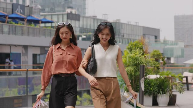 happy girlfriends go shopping and walk on the street