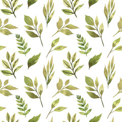 Naklejka na ściany i meble Hand-drawn seamless watercolor pattern with green leaves and branches. Watercolor spring background with delicate leaves.