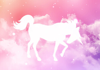 Naklejka na ściany i meble Silhouette of a unicorn on a sugar cotton candy clouds background