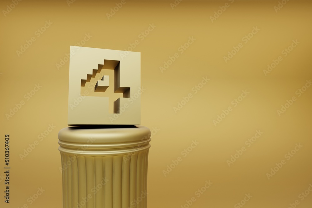 Poster Beautiful abstract illustrations Golden Golden Pixel number 4 symbol icons on a golden column and wonderful background. 3d rendering illustration. Background pattern for design.