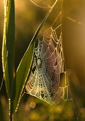Sieć pajęcza- wschód słońca - obrazy, fototapety, plakaty
