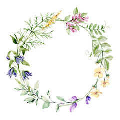 Fototapeta na wymiar Wreath with watercolor flowers, leaves, floral frame for greeting card, invitation and other printing design. Isolated on white. Hand drawing.