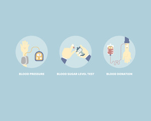 sign of blood donation, blood sugar, glucose level testing, measuring blood pressure hypotension and hypertension, health care, vector illustration cartoon flat character design logo symbol