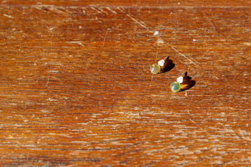 A pair of earrings have been left on top of a bed side cabinet or table.