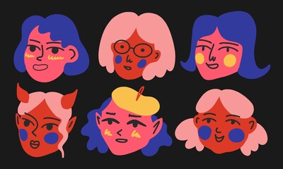 Abstract comic faces of women. Various colorful characters, cartoon style, flat design. Hand drawn fashion vector illustration.