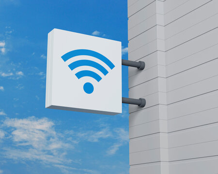 Wi-fi flat icon on hanging white square signboard over blue sky, Technology internet communication concept, 3D rendering