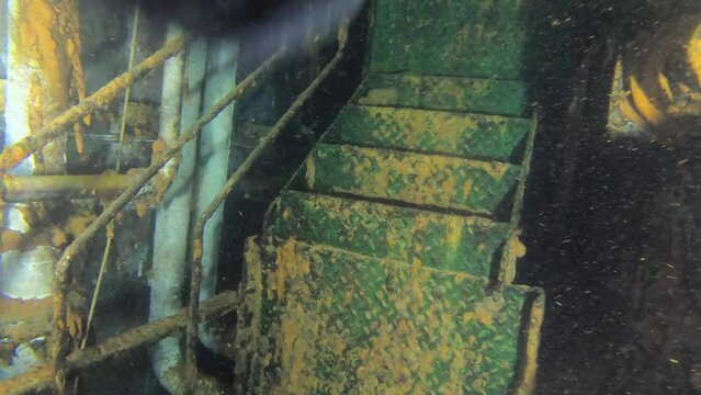 Scuba Divers Swims On The Shipwreck Swedish Ferry Zenobia. Wreck Diving in Larnaca, Cyprus.