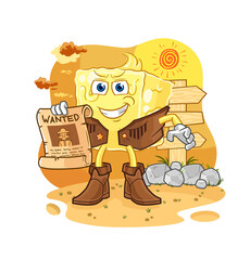 butter cowboy with wanted paper. cartoon mascot vector