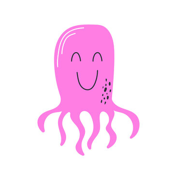 Octopus - funny cartoon character - original hand drawn pink illustration. Simple icon on white