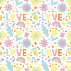 Childish cartoon style seamless pattern with flowers, rainbows and hearts.