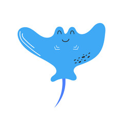 Cute hand drawn stingray. Blue simple funny icon on white. Character for children. Marine theme