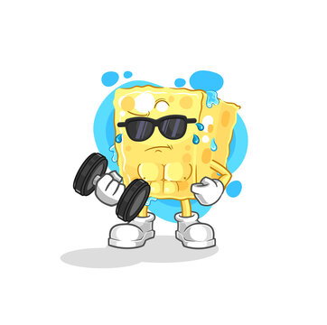sponge lifting dumbbell vector. cartoon character