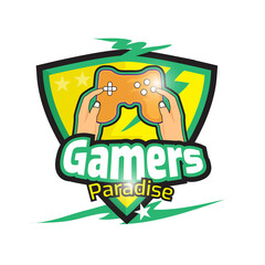 Gaming or E-Sports with video game controller logo vector illustration with dummy text on white background.