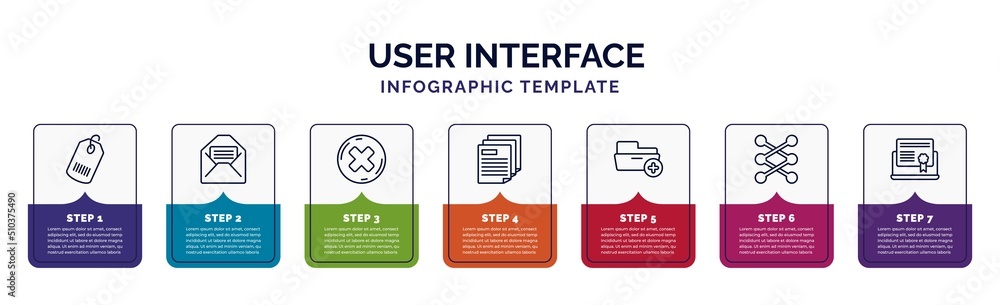 Poster infographic template with icons and 7 options or steps. infographic for user interface concept. included shopping label, envelope with message, round delete button, multiple file, add folder button,