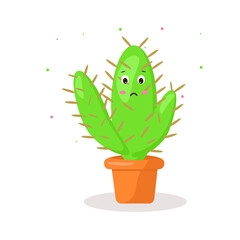 the character is a kawaii cactus in a pot with emotions sad