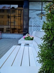 White benches that are surrounded by different plants